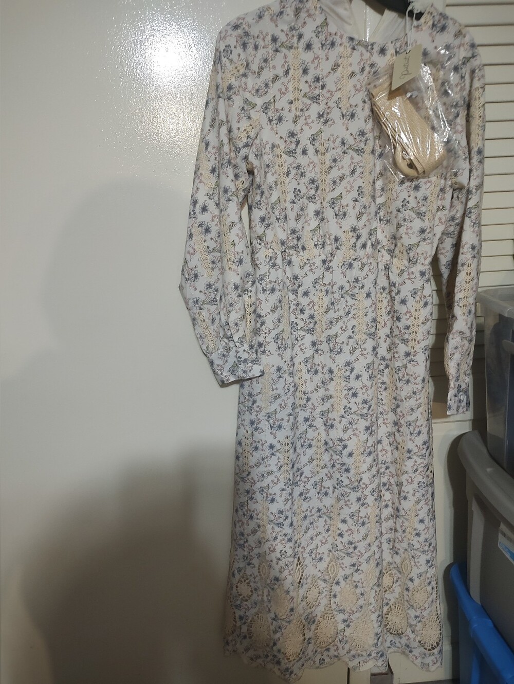 Long Sleeve Floral Midi Dress in Cream and Blue